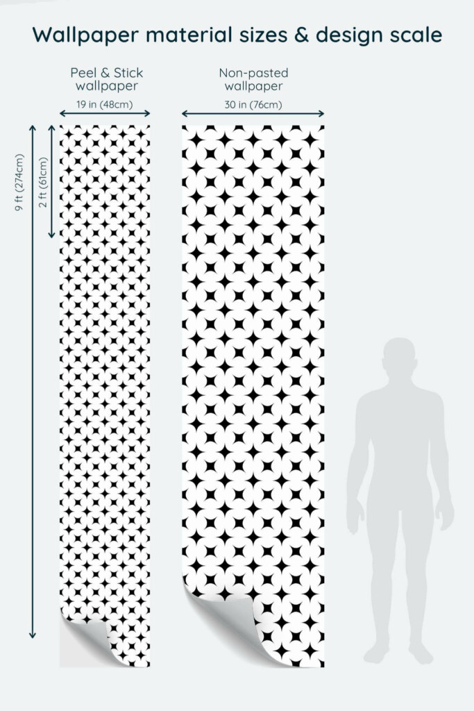 Size comparison of Black and white geometric stars Peel & Stick and Non-pasted wallpapers with design scale relative to human figure