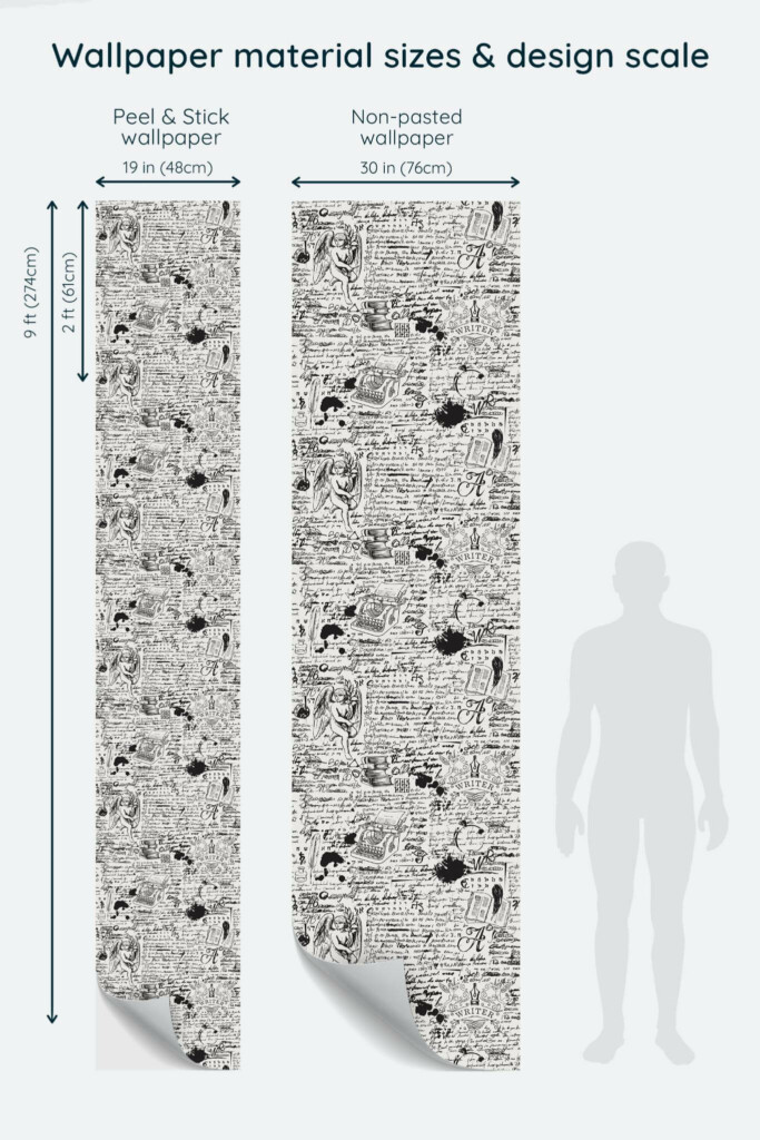 Size comparison of Black and white handwriting Peel & Stick and Non-pasted wallpapers with design scale relative to human figure