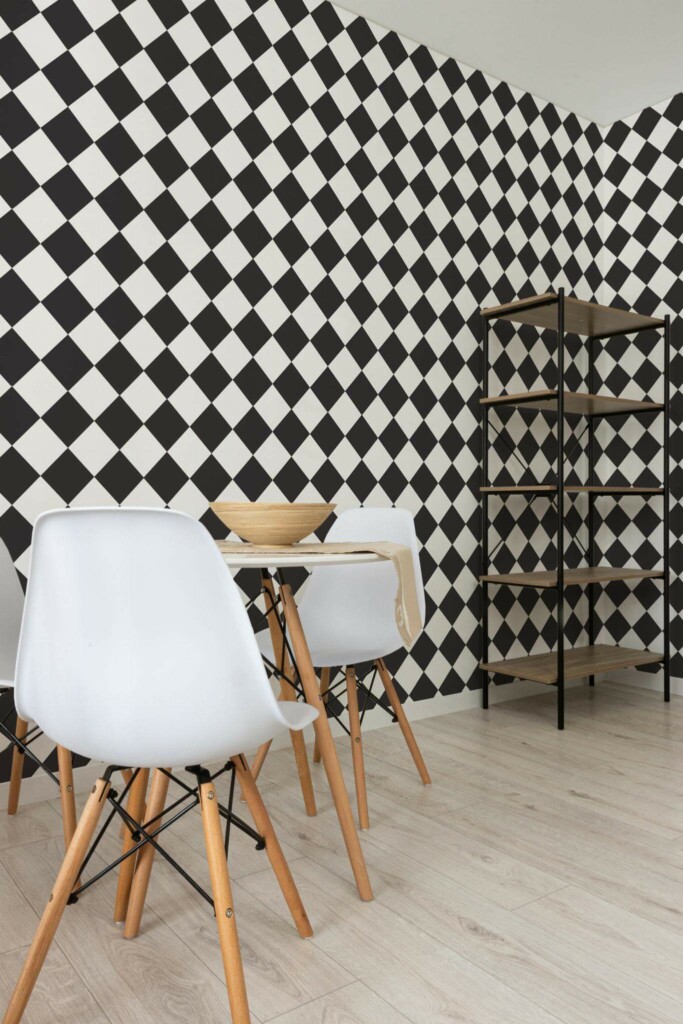 Minimalist style dining room decorated with Black and white Harlequin peel and stick wallpaper