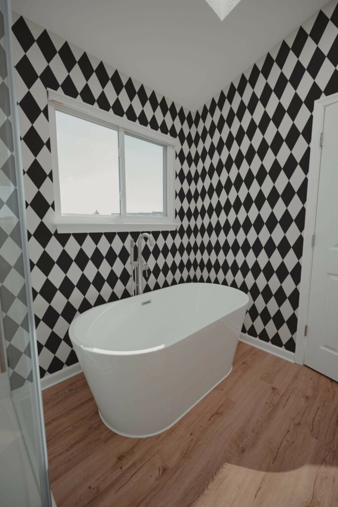 Modern style bathroom decorated with Black and white Harlequin peel and stick wallpaper