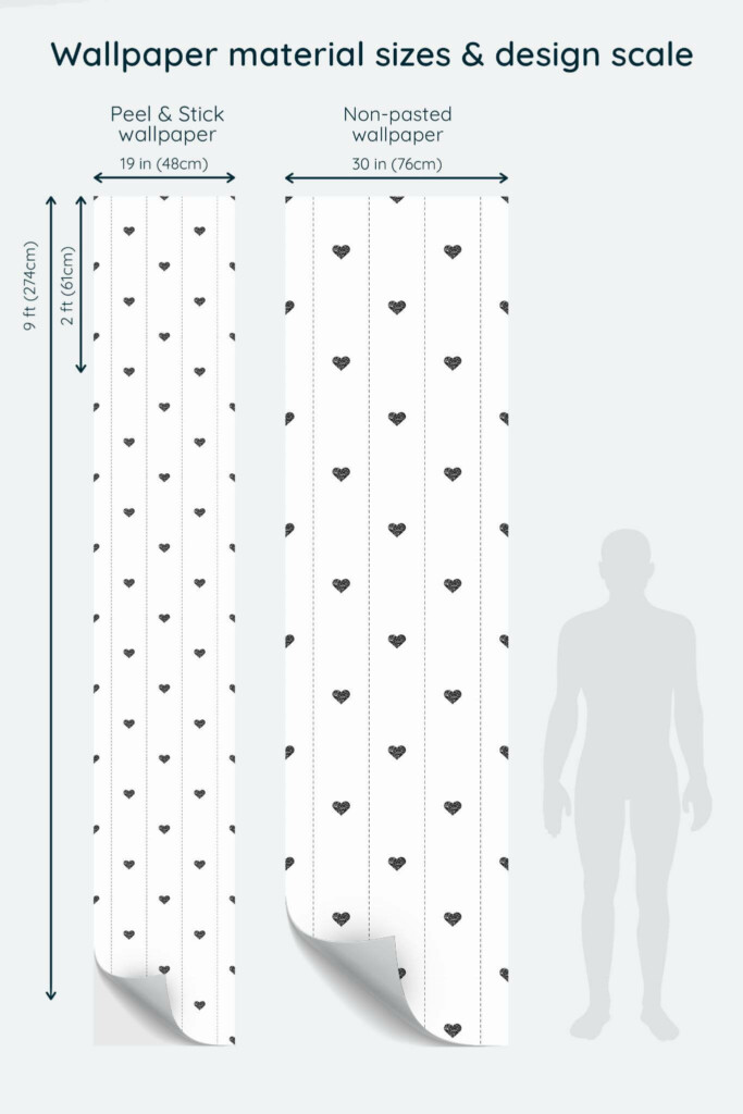 Size comparison of Black and white heart Peel & Stick and Non-pasted wallpapers with design scale relative to human figure