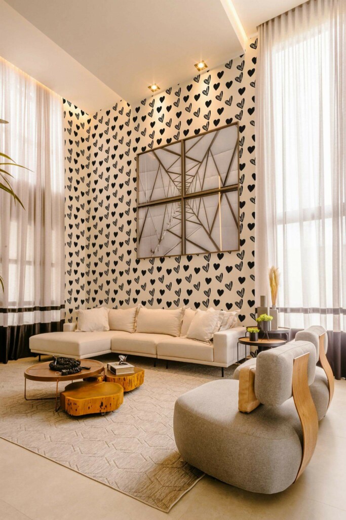 Contemporary style living room decorated with Black and white hearts peel and stick wallpaper