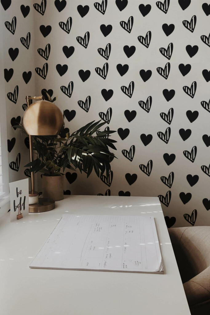 Rustic style home office decorated with Black and white hearts peel and stick wallpaper