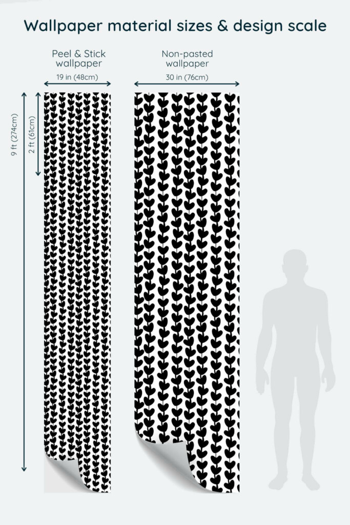 Size comparison of Black and white hearts Peel & Stick and Non-pasted wallpapers with design scale relative to human figure