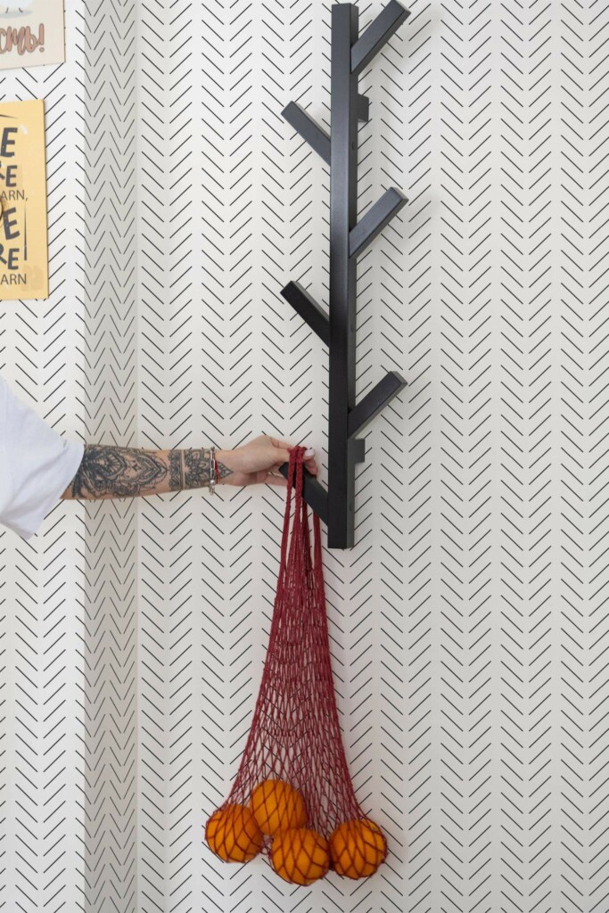 Scandinavian style kitchen decorated with Black and white herringbone peel and stick wallpaper