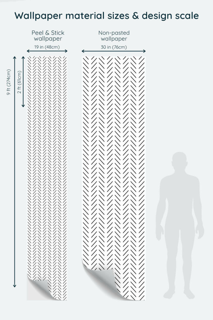 Size comparison of Black and white herringbone Peel & Stick and Non-pasted wallpapers with design scale relative to human figure
