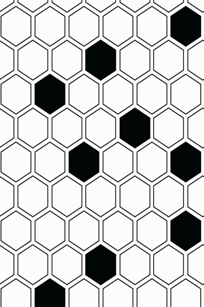Pattern repeat of Black and white hexagon geometric removable wallpaper design