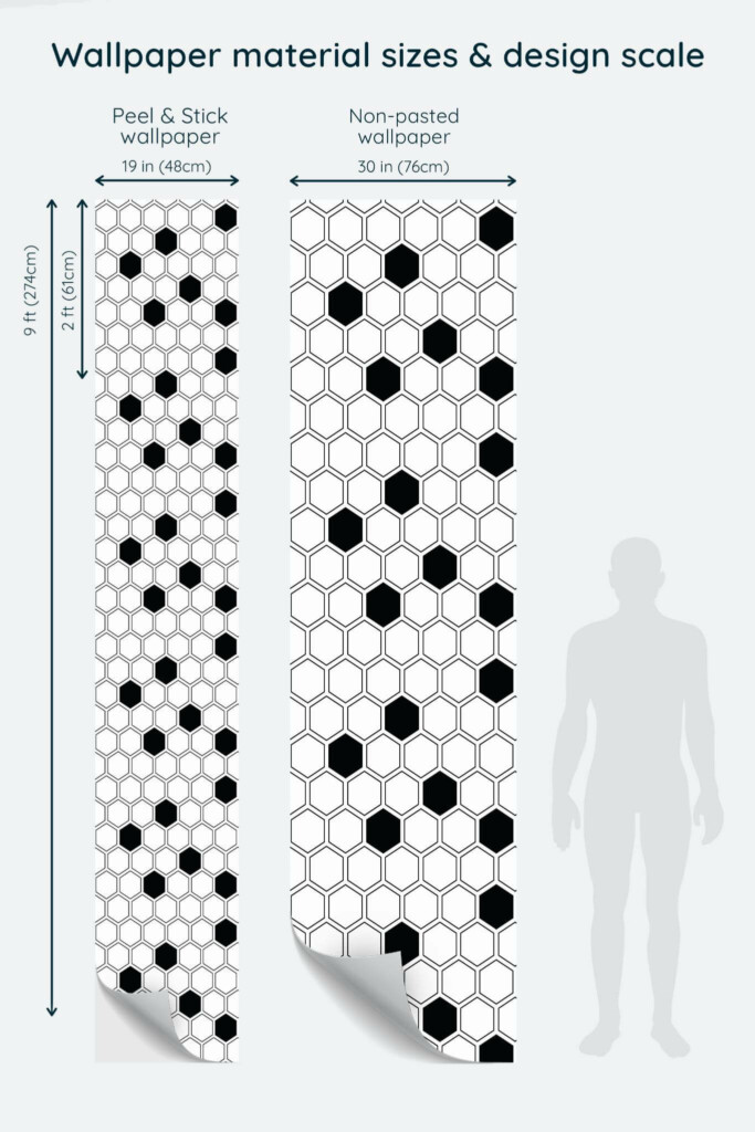 Size comparison of Black and white hexagon geometric Peel & Stick and Non-pasted wallpapers with design scale relative to human figure