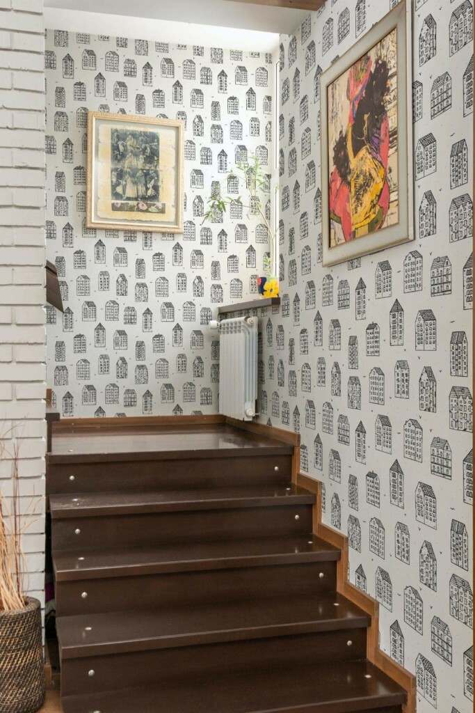 Mid-century style staircase decorated with Black and white house peel and stick wallpaper
