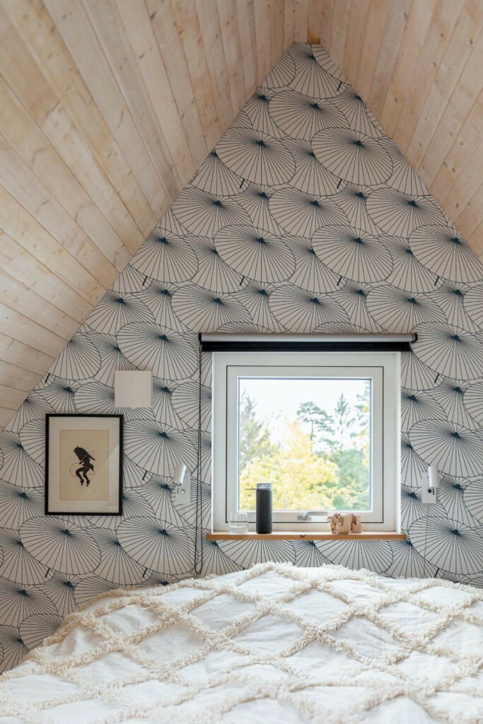 Light farmhouse style bedroom decorated with Black and white japanese peel and stick wallpaper