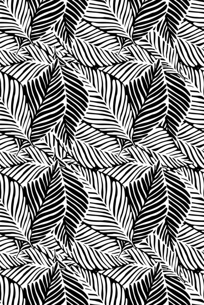 Pattern repeat of Black and white leaf removable wallpaper design