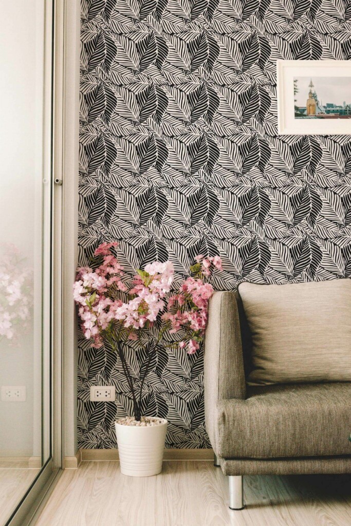 Modern farmhouse style living room decorated with Black and white leaf peel and stick wallpaper