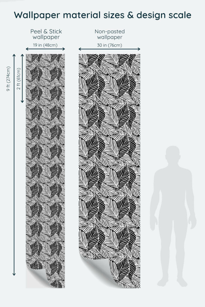 Size comparison of Black and white leaf Peel & Stick and Non-pasted wallpapers with design scale relative to human figure
