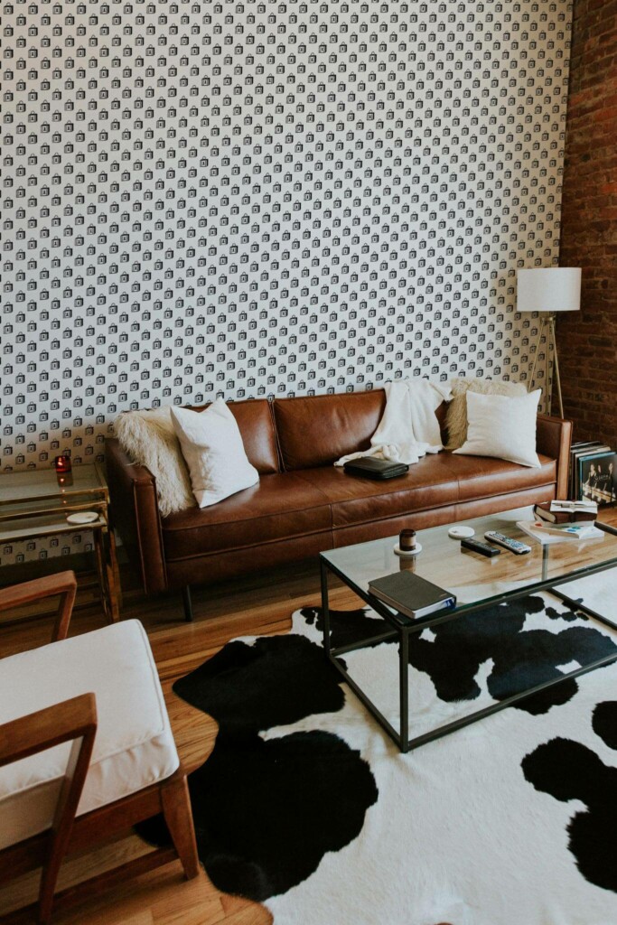 Mid-century modern style living room decorated with Black and white lock peel and stick wallpaper