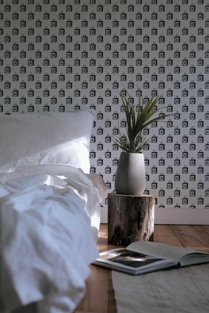 Minimal scandinavian style bedroom decorated with Black and white lock peel and stick wallpaper