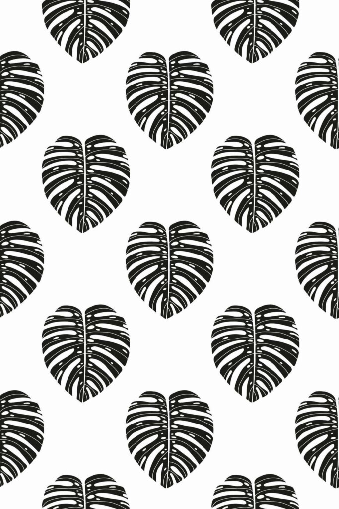 Pattern repeat of Black and white monstera leaf removable wallpaper design