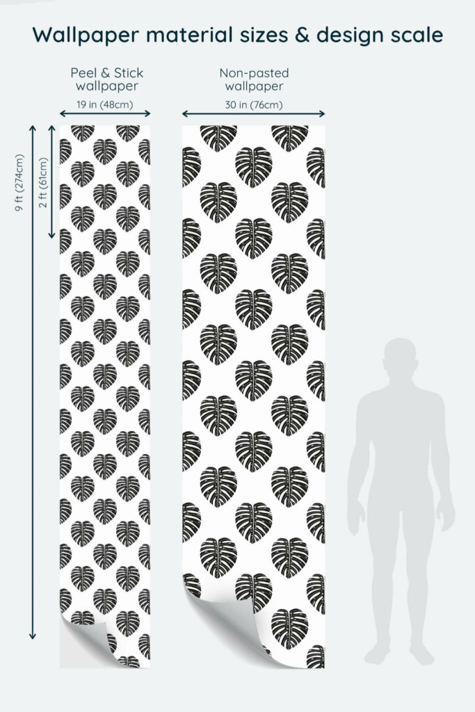 Size comparison of Black and white monstera leaf Peel & Stick and Non-pasted wallpapers with design scale relative to human figure