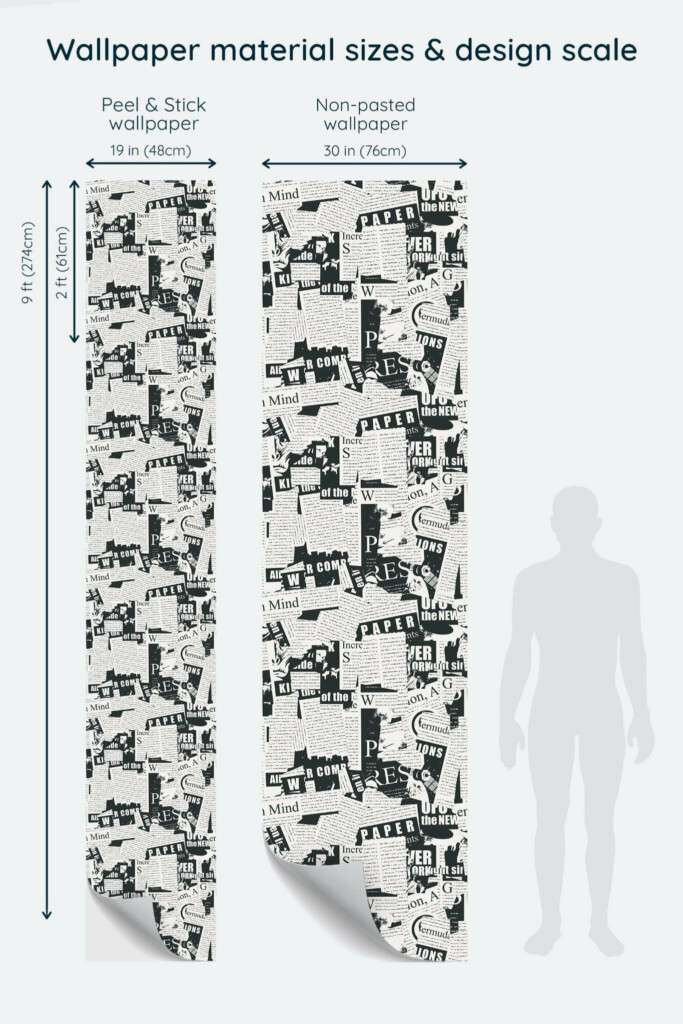 Size comparison of Black and white newspaper Peel & Stick and Non-pasted wallpapers with design scale relative to human figure