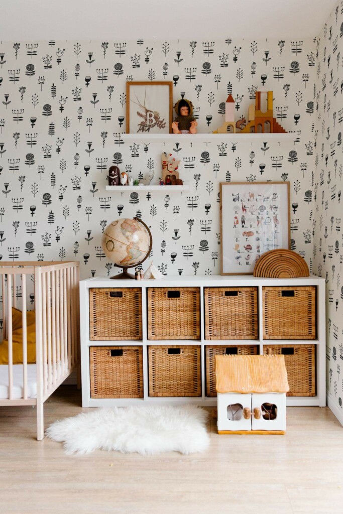 Boho style nursery decorated with Black and white nursery peel and stick wallpaper