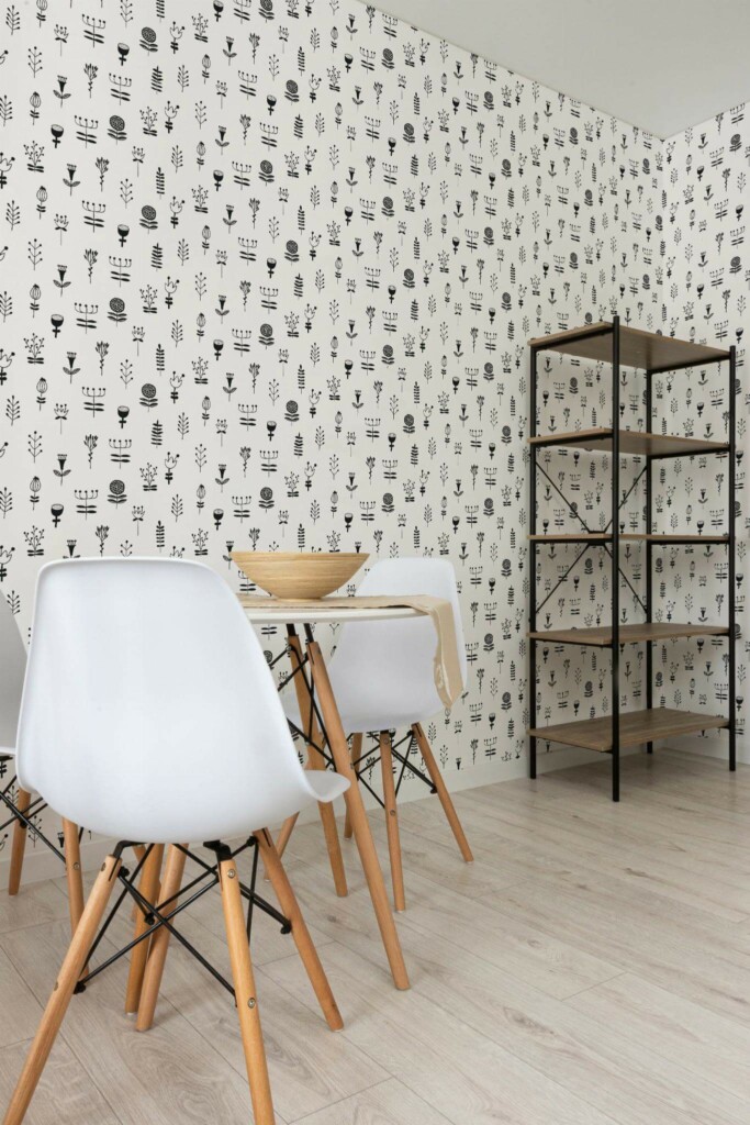 Minimalist style dining room decorated with Black and white nursery peel and stick wallpaper