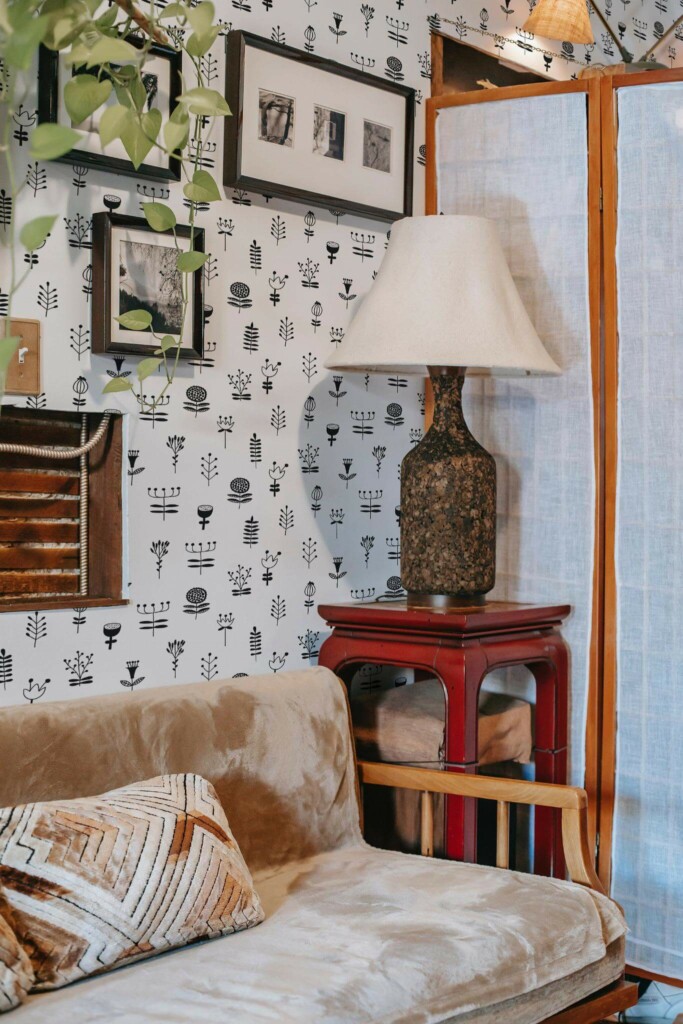 Southwestern style living room decorated with Black and white nursery peel and stick wallpaper