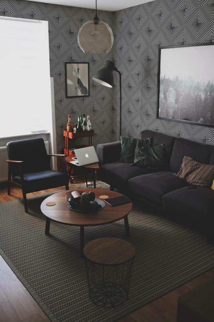 Modern dark industrial style living room decorated with Black and white Op Art peel and stick wallpaper