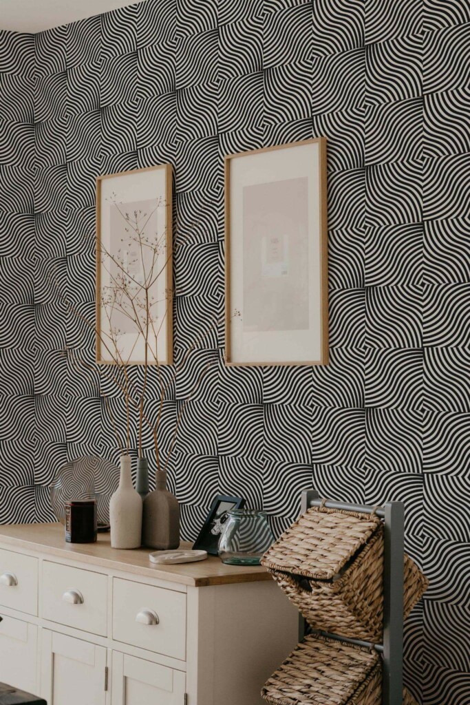 Scandinavian style bedroom decorated with Black and white Op Art peel and stick wallpaper