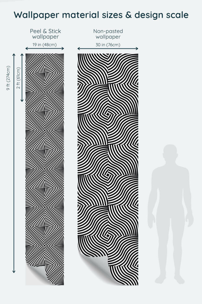 Size comparison of Black and white Op Art Peel & Stick and Non-pasted wallpapers with design scale relative to human figure
