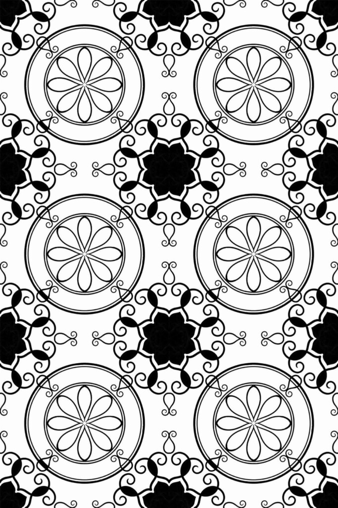 Pattern repeat of Black and white ornament removable wallpaper design