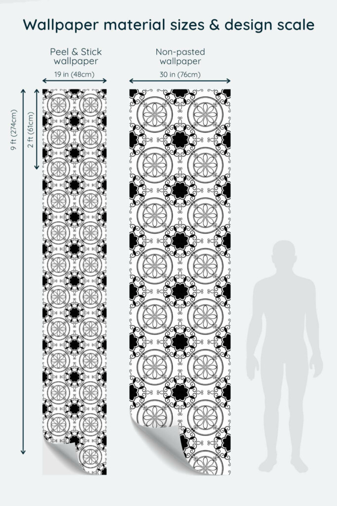 Size comparison of Black and white ornament Peel & Stick and Non-pasted wallpapers with design scale relative to human figure