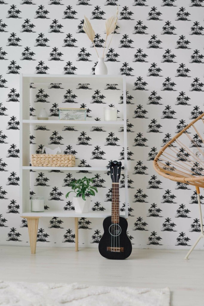 Minimal boho style living room decorated with Black and white palm peel and stick wallpaper