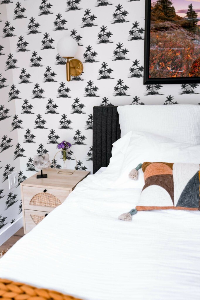 Modern style bedroom decorated with Black and white palm peel and stick wallpaper
