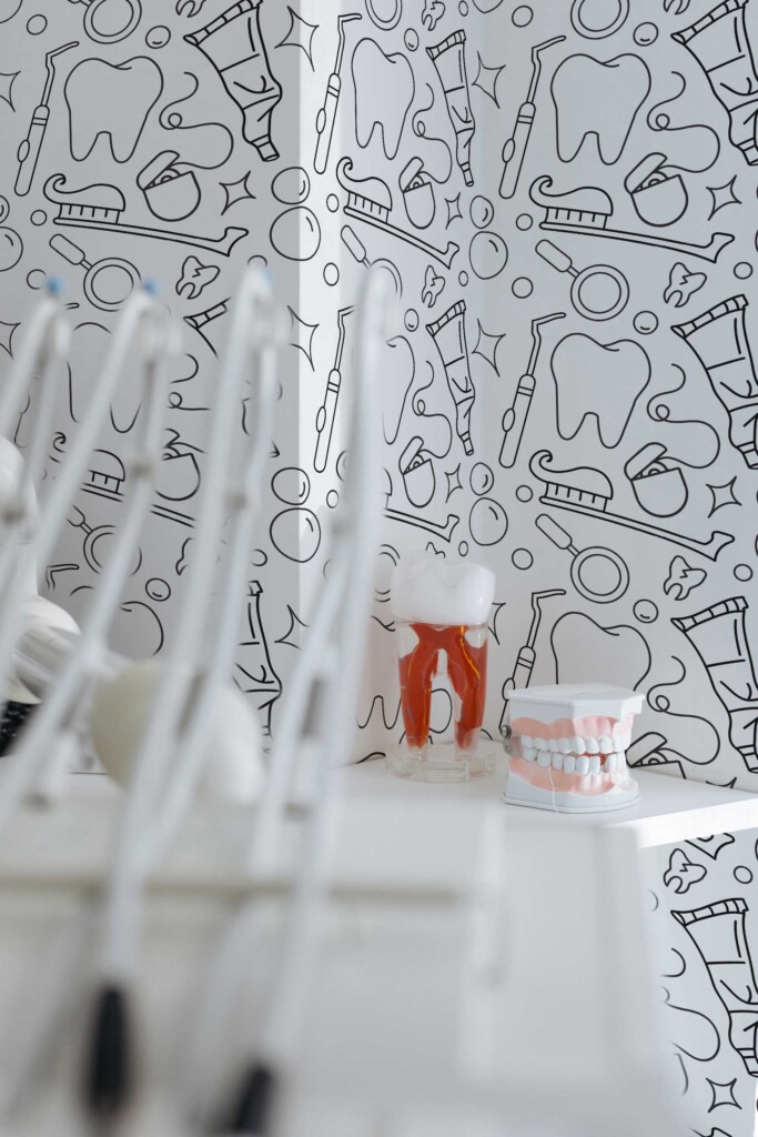 Wallpaper for walls with toothpaste and dental tools in line art by Fancy Walls
