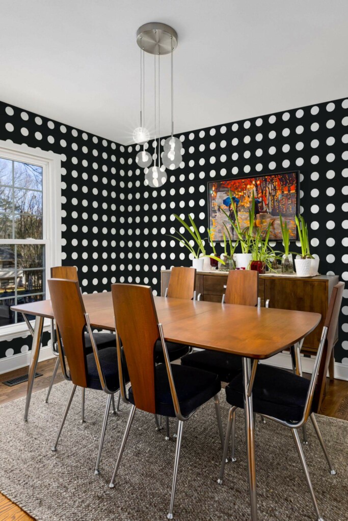 MId-century modern style dining room decorated with Black and white polka dot peel and stick wallpaper