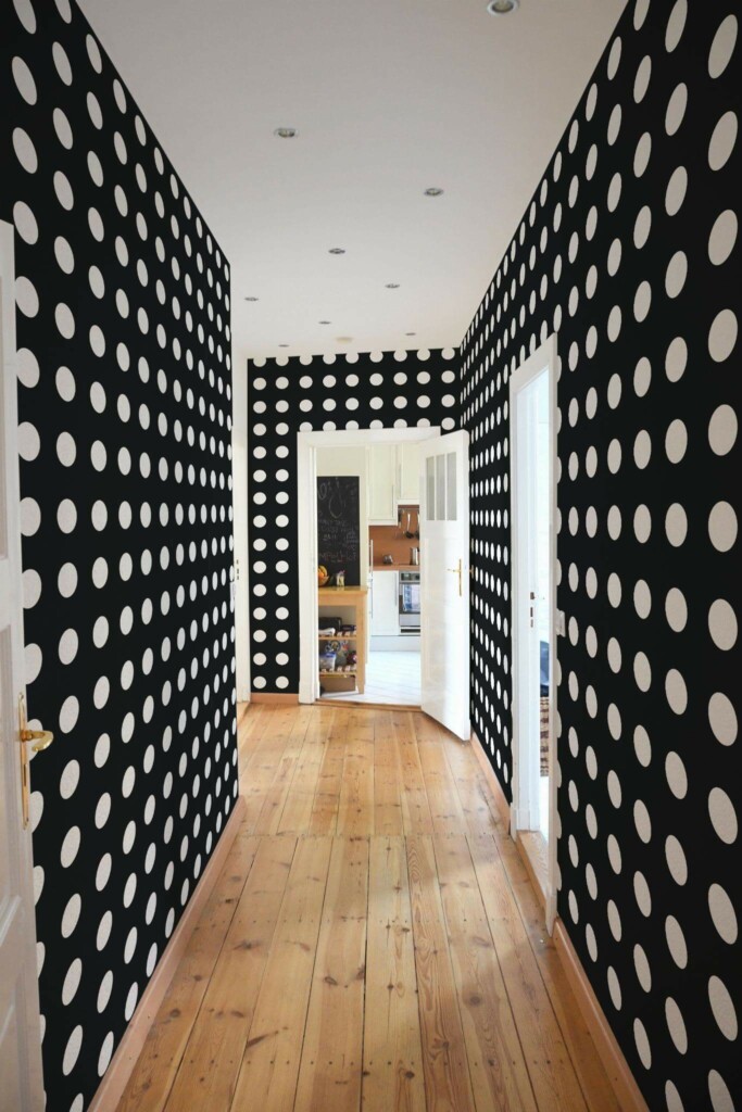 Minimal farmhouse style hallway decorated with Black and white polka dot peel and stick wallpaper
