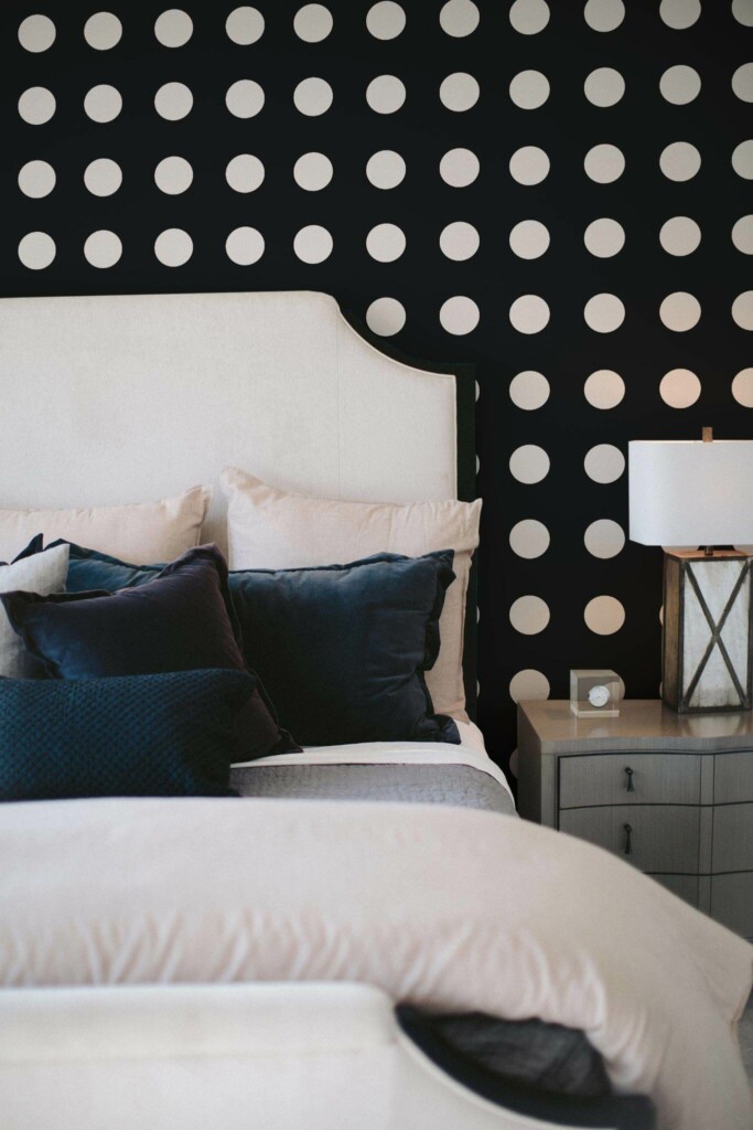 Shabby chic style bedroom decorated with Black and white polka dot peel and stick wallpaper