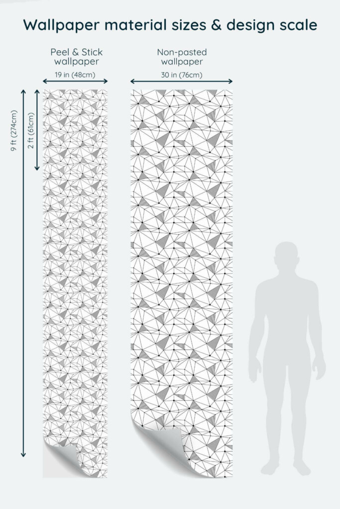 Size comparison of Black and white polygon Peel & Stick and Non-pasted wallpapers with design scale relative to human figure