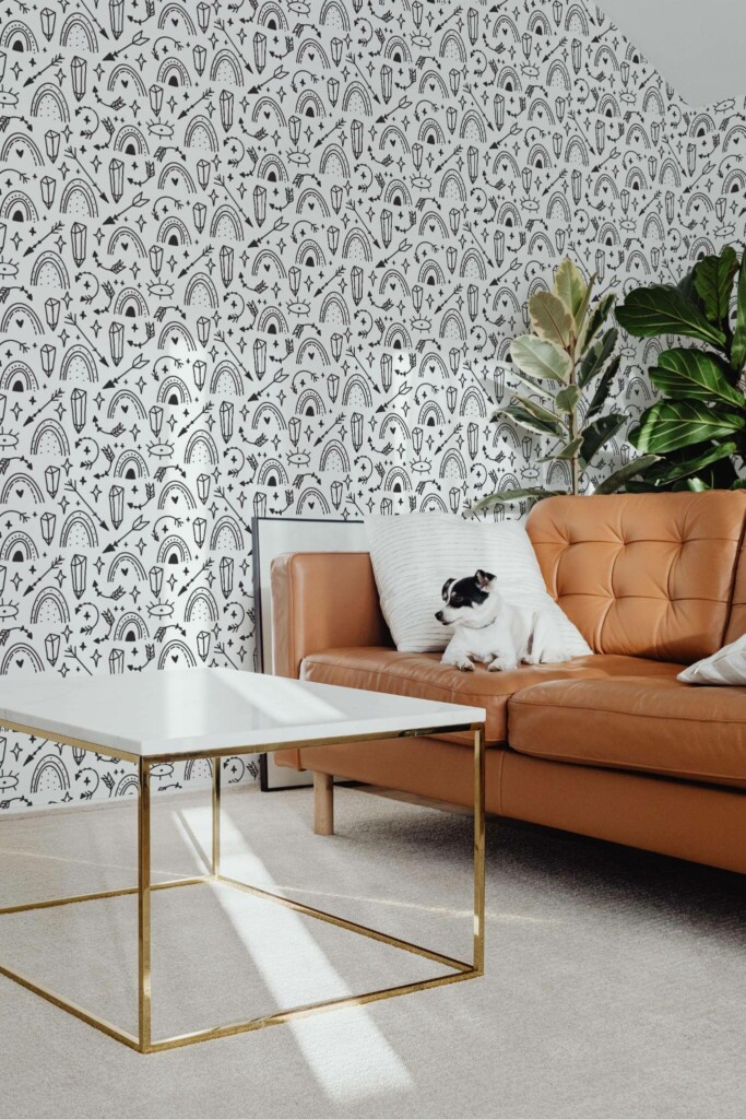 Mid-century modern style living room with dog on a sofa decorated with Black and white rainbow peel and stick wallpaper