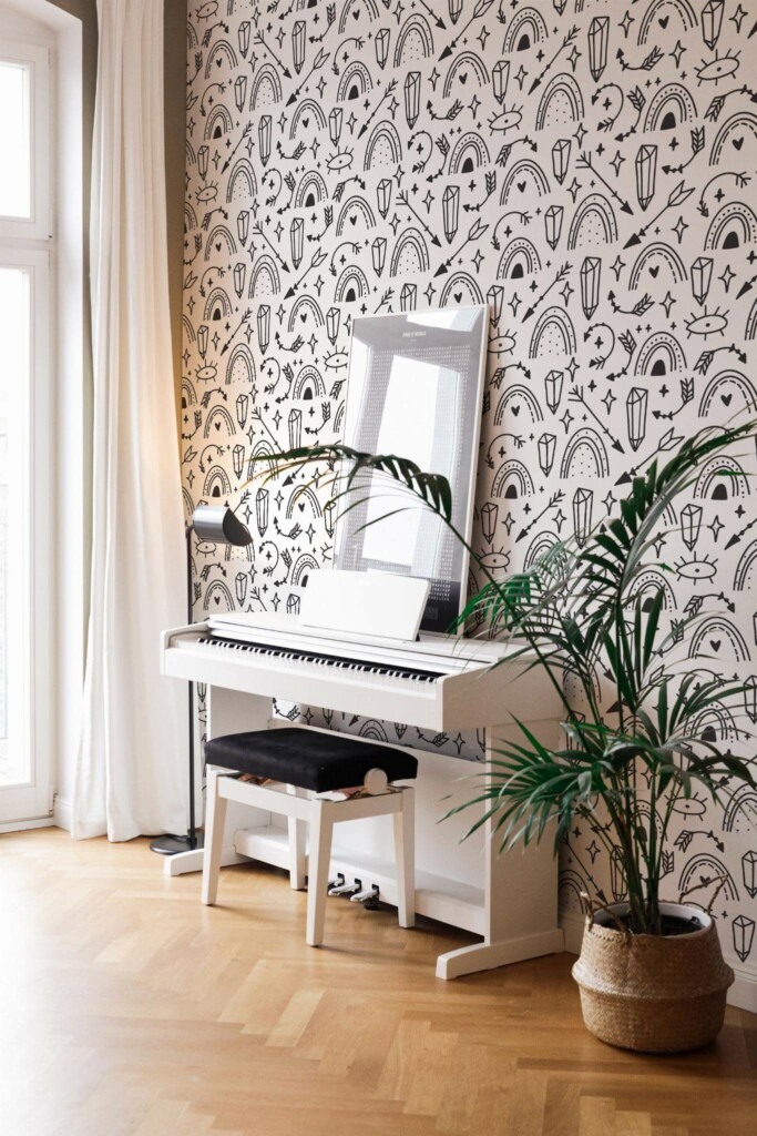 Modern style living room with a piano decorated with Black and white rainbow peel and stick wallpaper