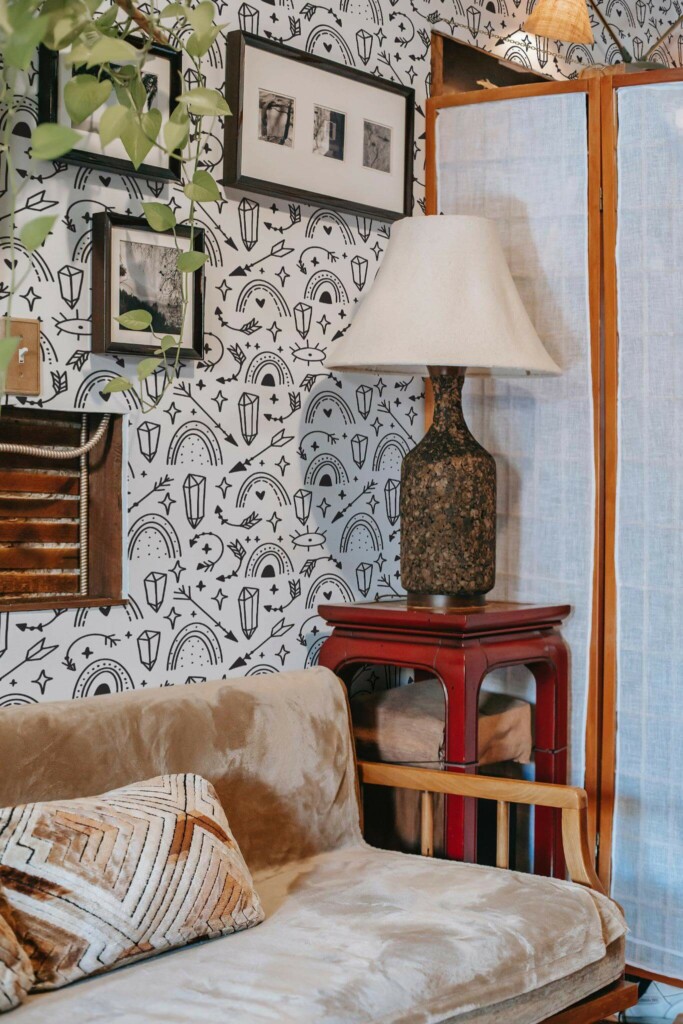 Southwestern style living room decorated with Black and white rainbow peel and stick wallpaper