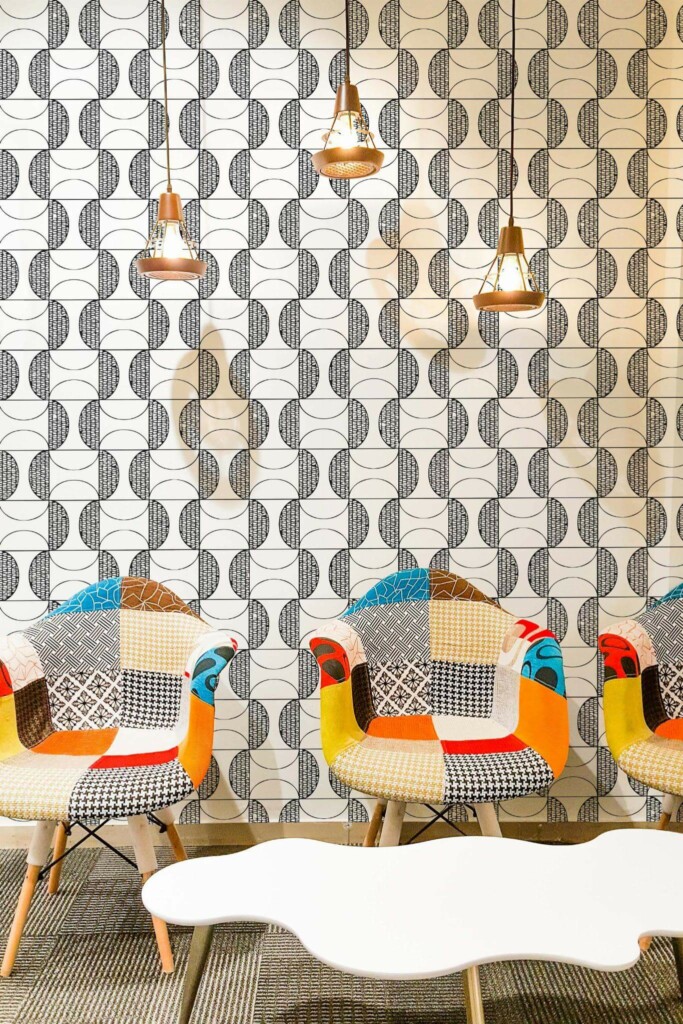 Mid-century modern style living room decorated with Black and white retro geometric peel and stick wallpaper