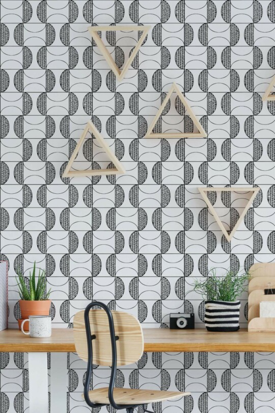 Scandinavian style home office decorated with Black and white retro geometric peel and stick wallpaper