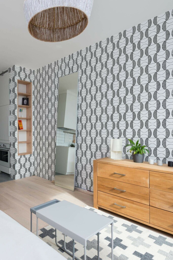 Scandinavian style small apartment decorated with Black and white retro geometric peel and stick wallpaper