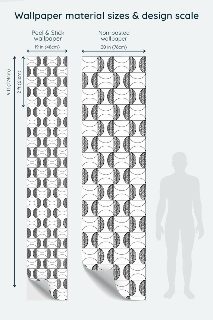 Size comparison of Black and white retro Peel & Stick and Non-pasted wallpapers with design scale relative to human figure