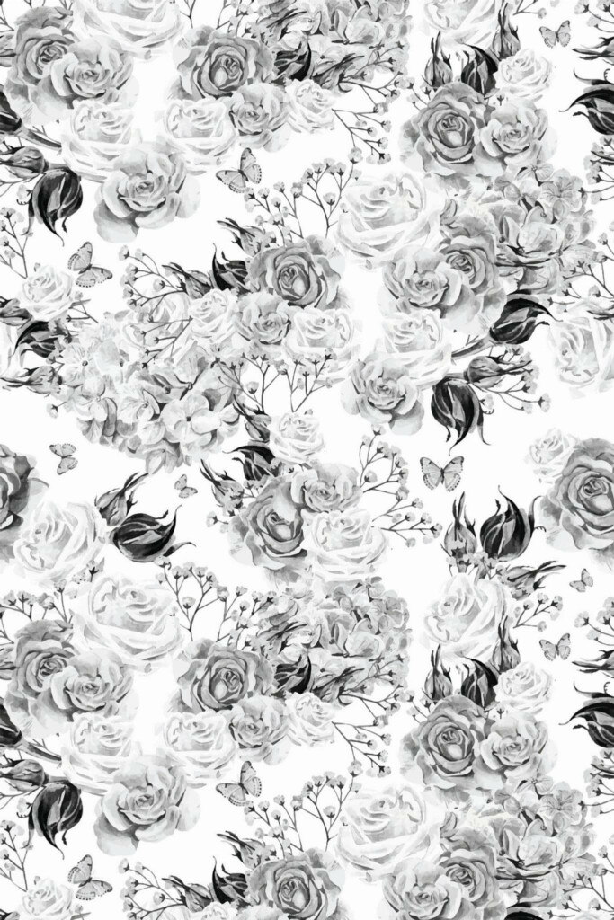 Pattern repeat of Black and white rose removable wallpaper design