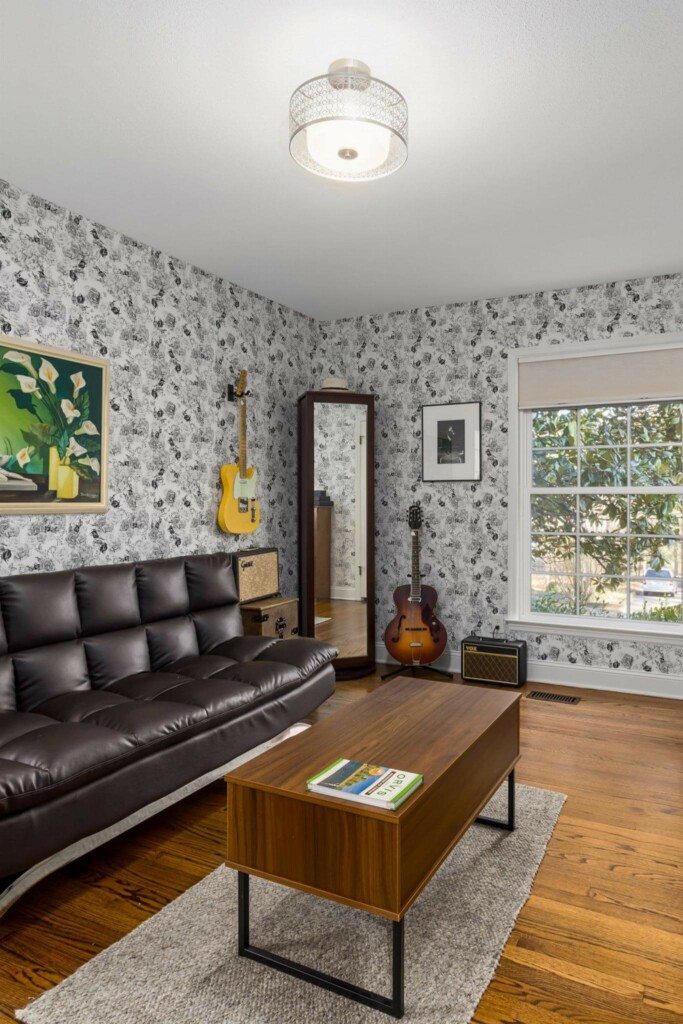 Mid-century style living room decorated with Black and white rose peel and stick wallpaper and music instruments