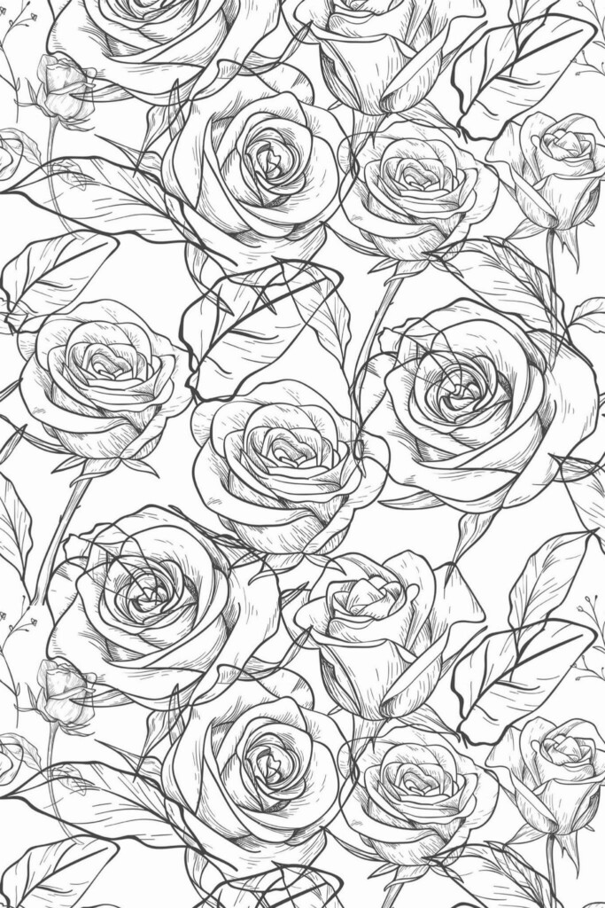 Pattern repeat of Black and white roses removable wallpaper design