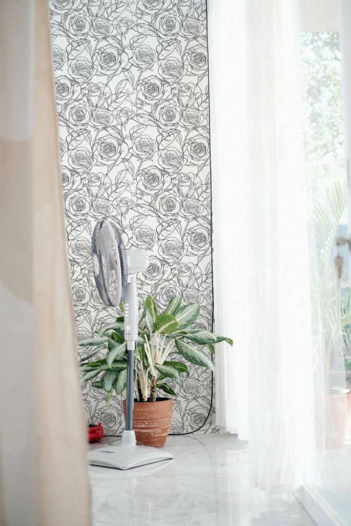 Minimal style living room decorated with Black and white roses peel and stick wallpaper