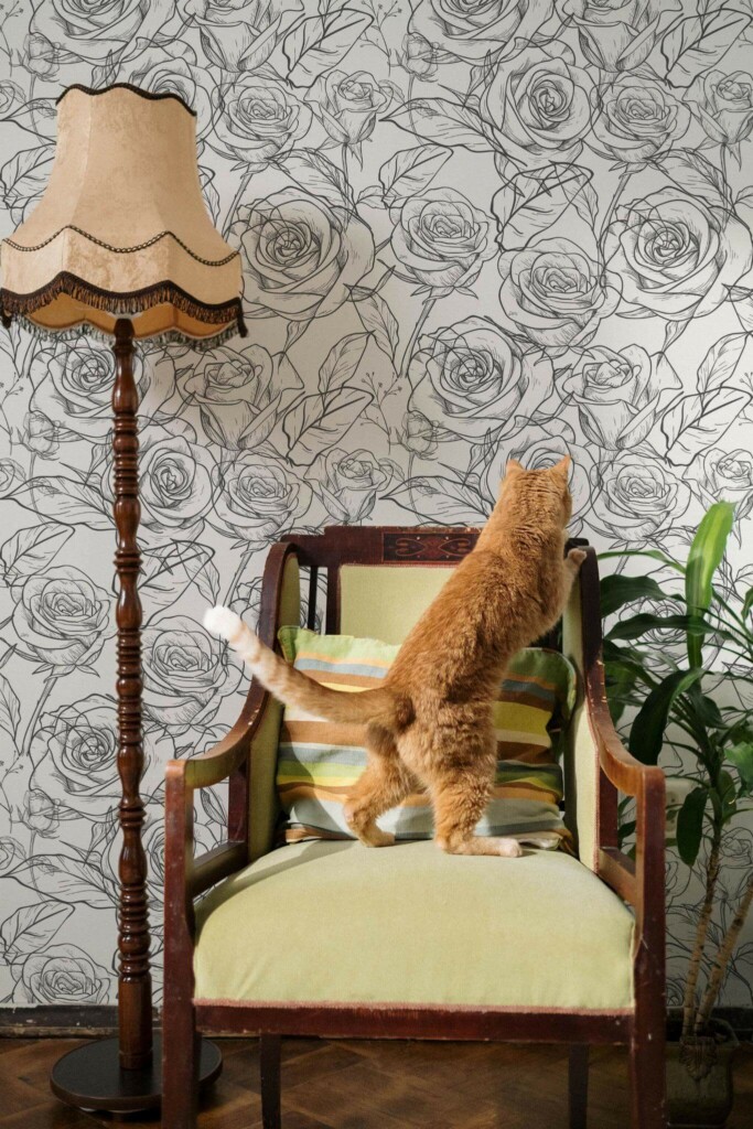 Victorian style living room with a cat decorated with Black and white roses peel and stick wallpaper