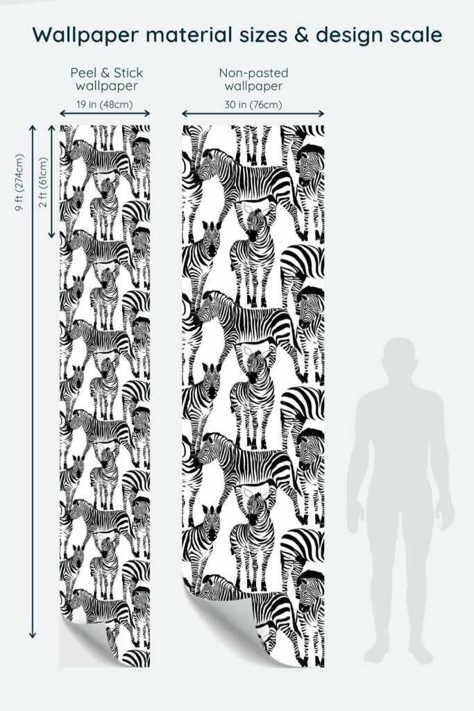 Size comparison of Black and white safari Peel & Stick and Non-pasted wallpapers with design scale relative to human figure